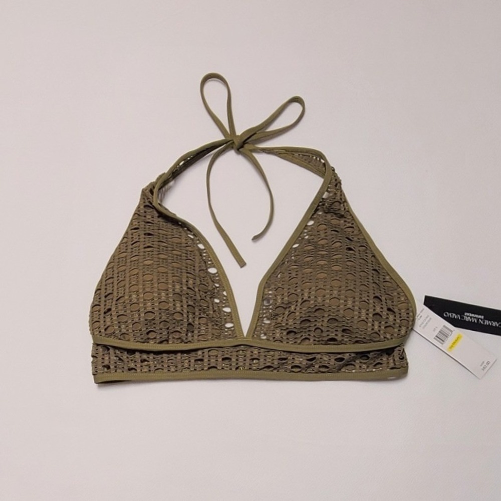 Carmen Marc Valvo Olive Green Eyelet Halter Bikini Top Women's Medium NWT